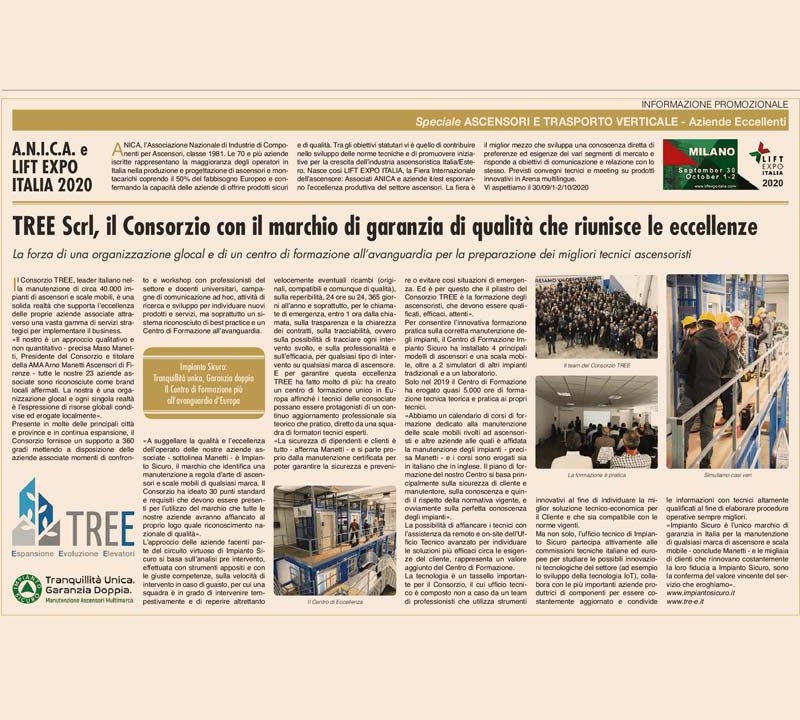 Il sole 24 ore parla di impianto sicuro, eccellenza nella manutenzione ascensori